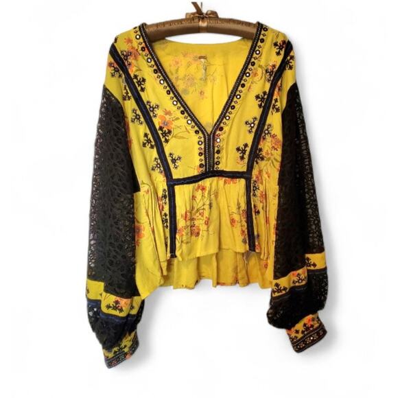 Free People Tops - Free People Boogie All Night Yellow Boho Embellished Floral Blouse